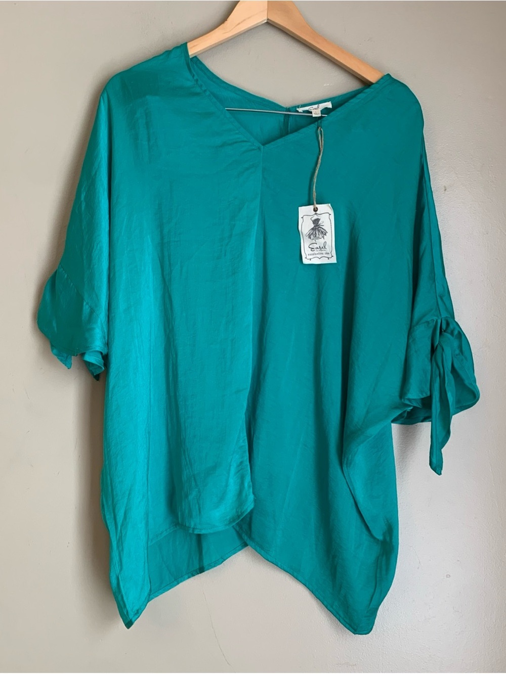 Teal V-Neck Tie-Sleeve Women’s Top